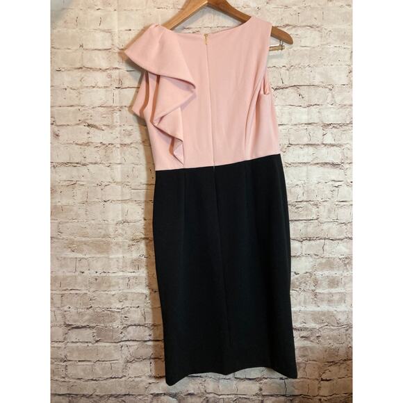 DKNY Midi Dress Womens 4 Pink & Black Colorblock Ruffle Shoulder Sheath Career - Picture 13 of 15